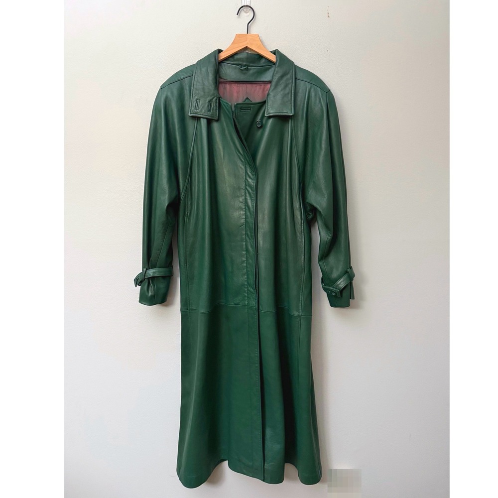 Vintage 90s Overland Outfitters Women's Green Leather Trench Coat sz M